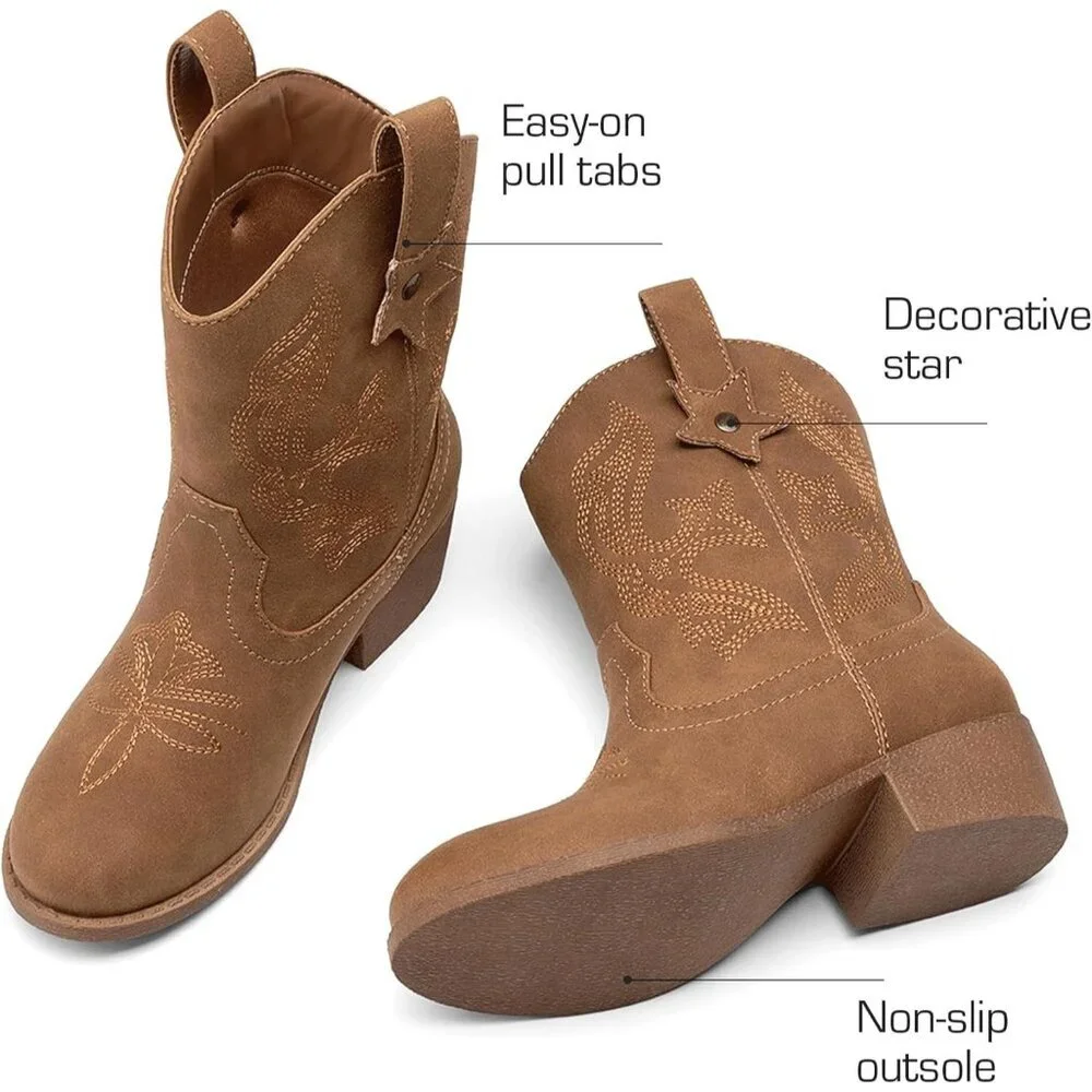 ⚡Girls Camel Cowgirl Boots With Low Heel Western Embroidered Fashion Mid Calf